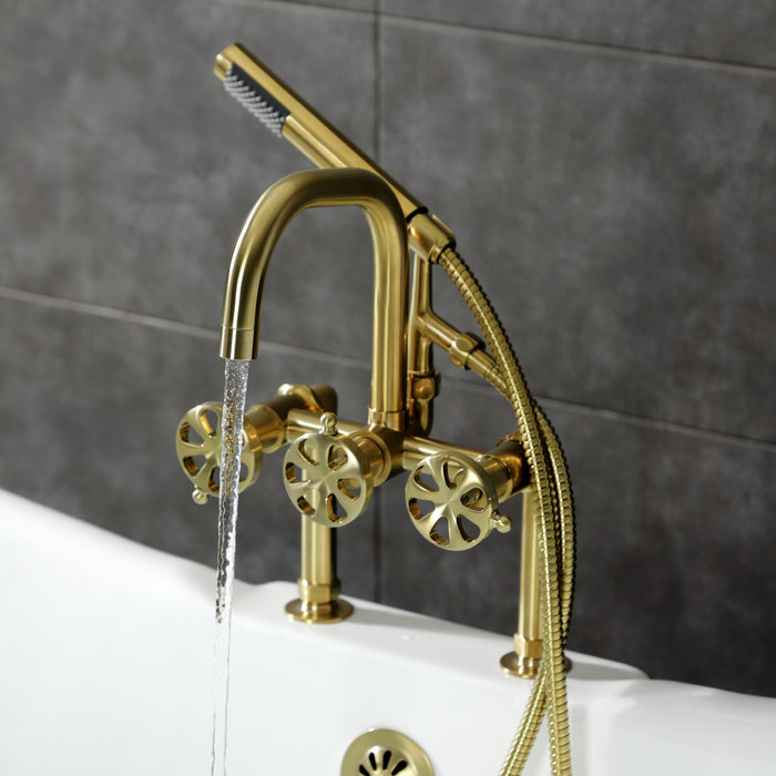 Kingston Sona AE8407RX - Belknap Three-Handle 2-Hole Deck-Mount Clawfoot Tub Faucet with Hand Shower, Brushed Brass