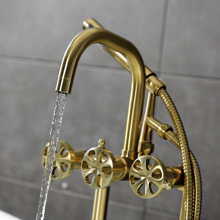 Kingston Sona AE8407RX - Belknap Three-Handle 2-Hole Deck-Mount Clawfoot Tub Faucet with Hand Shower, Brushed Brass