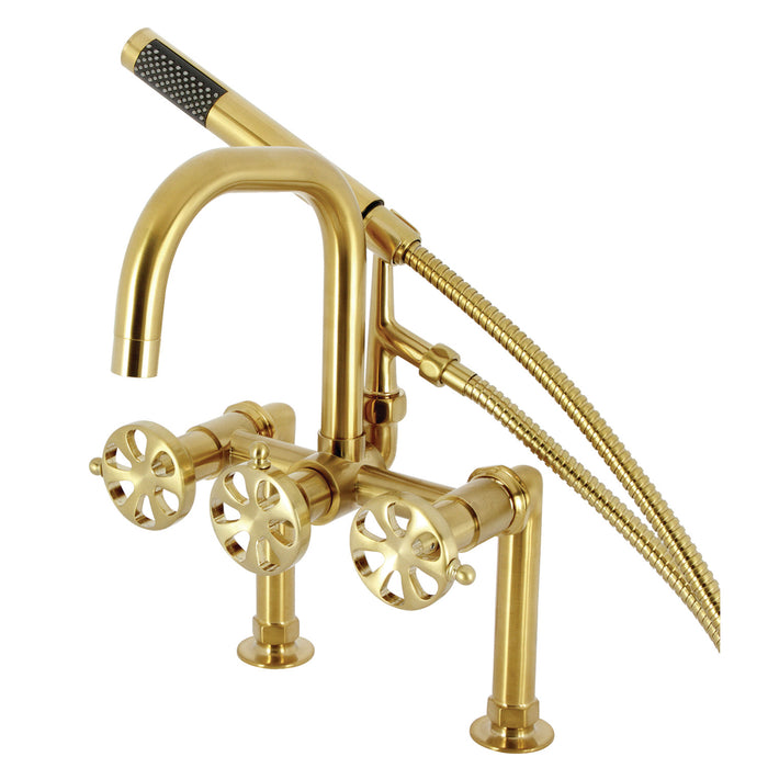 Kingston Sona AE8407RX - Belknap Three-Handle 2-Hole Deck-Mount Clawfoot Tub Faucet with Hand Shower, Brushed Brass