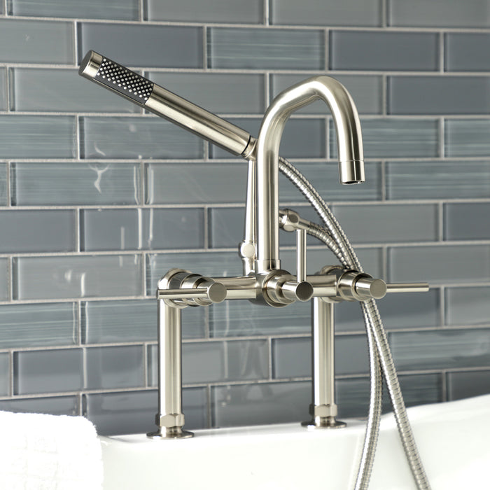 Kingston Sona AE8408DL - Concord Three-Handle 2-Hole Deck-Mount Clawfoot Tub Faucet with Hand Shower, Brushed Nickel