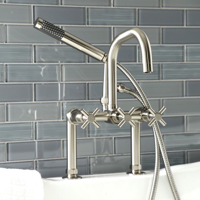 Kingston Sona AE8408DX - Concord Three-Handle 2-Hole Deck-Mount Clawfoot Tub Faucet with Hand Shower, Brushed Nickel