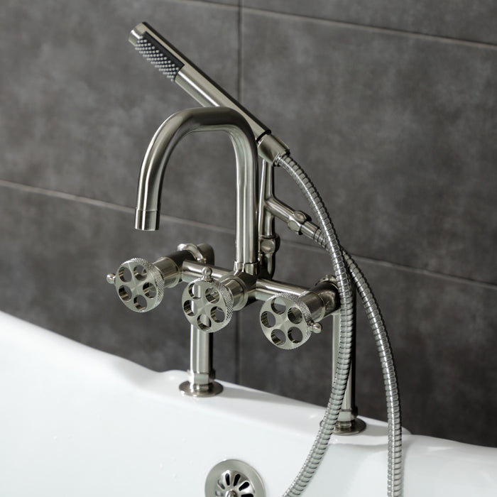 Kingston Sona AE8408RKX - Webb Three-Handle 2-Hole Deck-Mount Clawfoot Tub Faucet with Knurled Handle and Hand Shower, Brushed Nickel