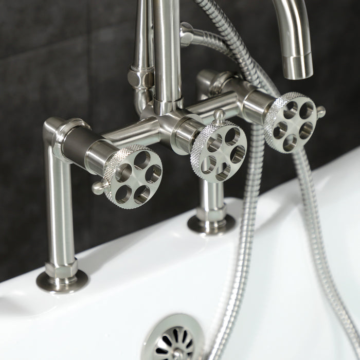 Kingston Sona AE8408RKX - Webb Three-Handle 2-Hole Deck-Mount Clawfoot Tub Faucet with Knurled Handle and Hand Shower, Brushed Nickel