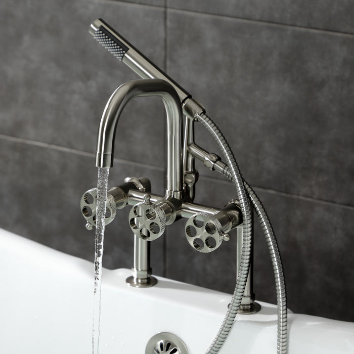 Kingston Sona AE8408RKX - Webb Three-Handle 2-Hole Deck-Mount Clawfoot Tub Faucet with Knurled Handle and Hand Shower, Brushed Nickel
