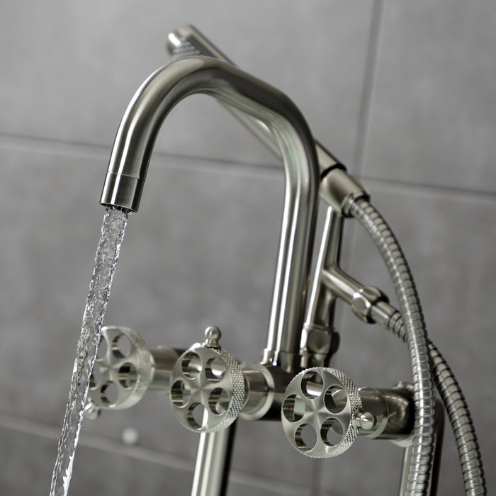 Kingston Sona AE8408RKX - Webb Three-Handle 2-Hole Deck-Mount Clawfoot Tub Faucet with Knurled Handle and Hand Shower, Brushed Nickel