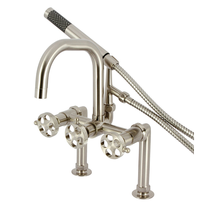 Kingston Sona AE8408RKX - Webb Three-Handle 2-Hole Deck-Mount Clawfoot Tub Faucet with Knurled Handle and Hand Shower, Brushed Nickel