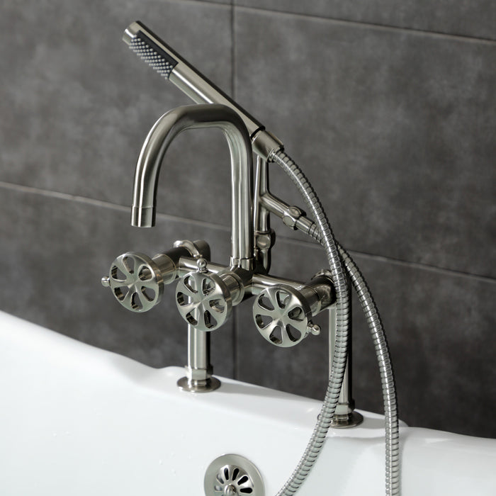Kingston Sona AE8408RX - Belknap Three-Handle 2-Hole Deck-Mount Clawfoot Tub Faucet with Hand Shower, Brushed Nickel