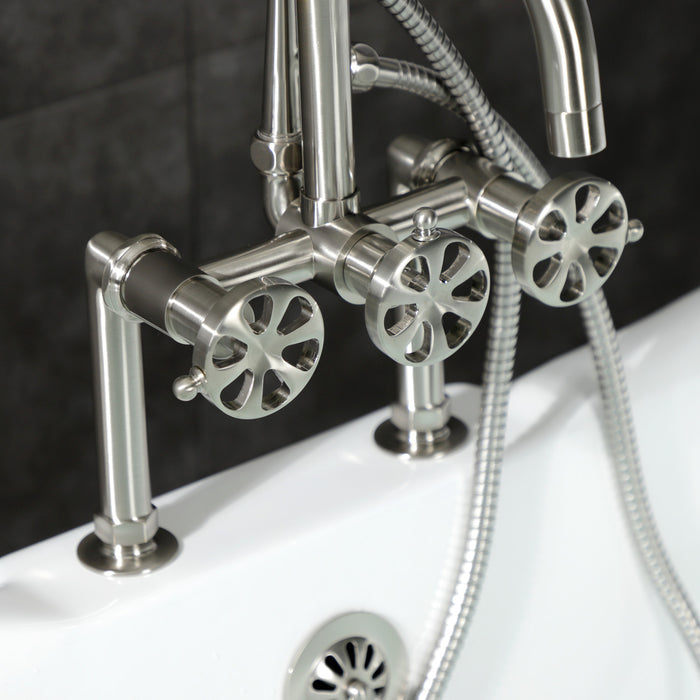 Kingston Sona AE8408RX - Belknap Three-Handle 2-Hole Deck-Mount Clawfoot Tub Faucet with Hand Shower, Brushed Nickel