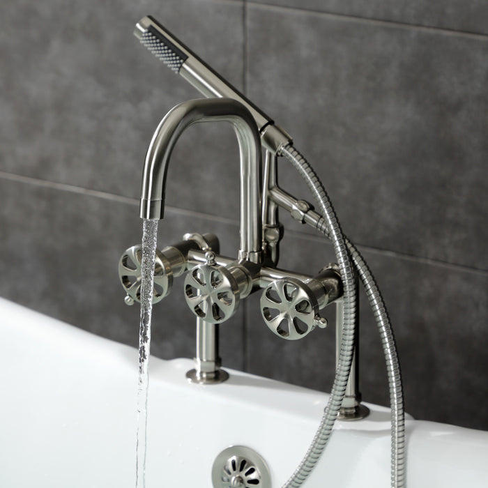 Kingston Sona AE8408RX - Belknap Three-Handle 2-Hole Deck-Mount Clawfoot Tub Faucet with Hand Shower, Brushed Nickel