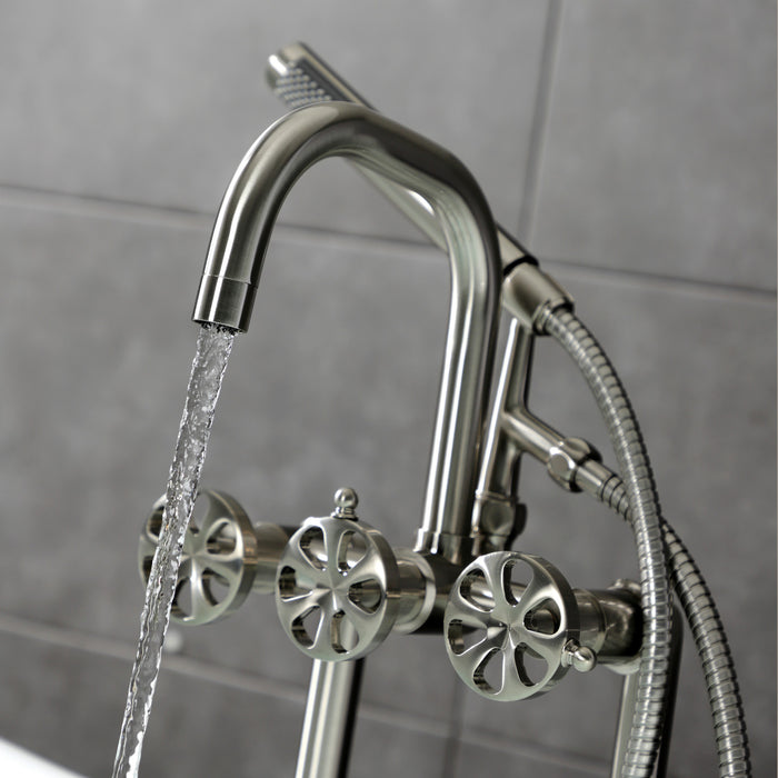 Kingston Sona AE8408RX - Belknap Three-Handle 2-Hole Deck-Mount Clawfoot Tub Faucet with Hand Shower, Brushed Nickel