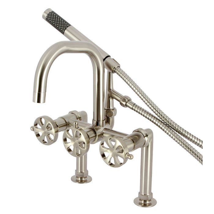 Kingston Sona AE8408RX - Belknap Three-Handle 2-Hole Deck-Mount Clawfoot Tub Faucet with Hand Shower, Brushed Nickel