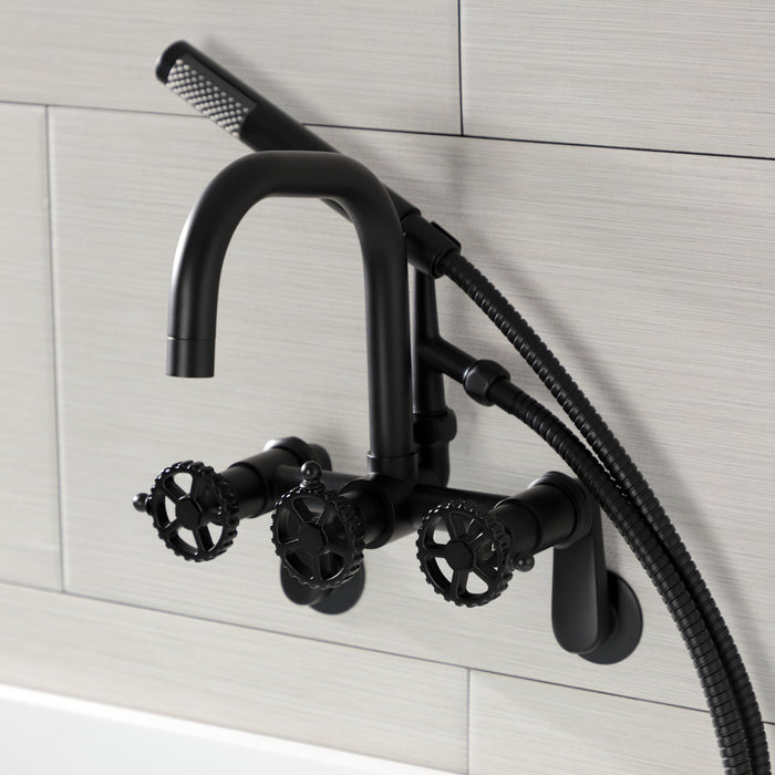 Kingston Sona AE8450CG - Fuller Three-Handle 2-Hole Wall Mount Clawfoot Tub Faucet with Hand Shower, Matte Black