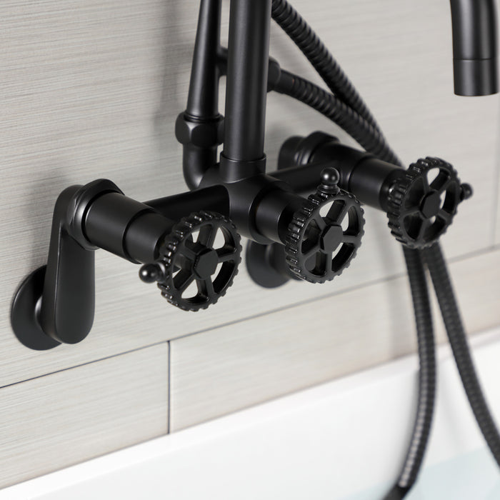 Kingston Sona AE8450CG - Fuller Three-Handle 2-Hole Wall Mount Clawfoot Tub Faucet with Hand Shower, Matte Black
