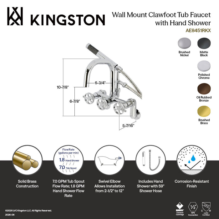 Kingston Sona AE8450RKX - Webb Three-Handle 2-Hole Adjustable Wall Mount Clawfoot Tub Faucet with Knurled Handle and Hand Shower, Matte Black