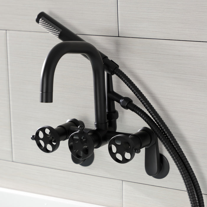 Kingston Sona AE8450RKX - Webb Three-Handle 2-Hole Adjustable Wall Mount Clawfoot Tub Faucet with Knurled Handle and Hand Shower, Matte Black