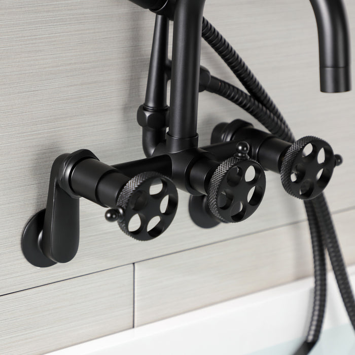 Kingston Sona AE8450RKX - Webb Three-Handle 2-Hole Adjustable Wall Mount Clawfoot Tub Faucet with Knurled Handle and Hand Shower, Matte Black