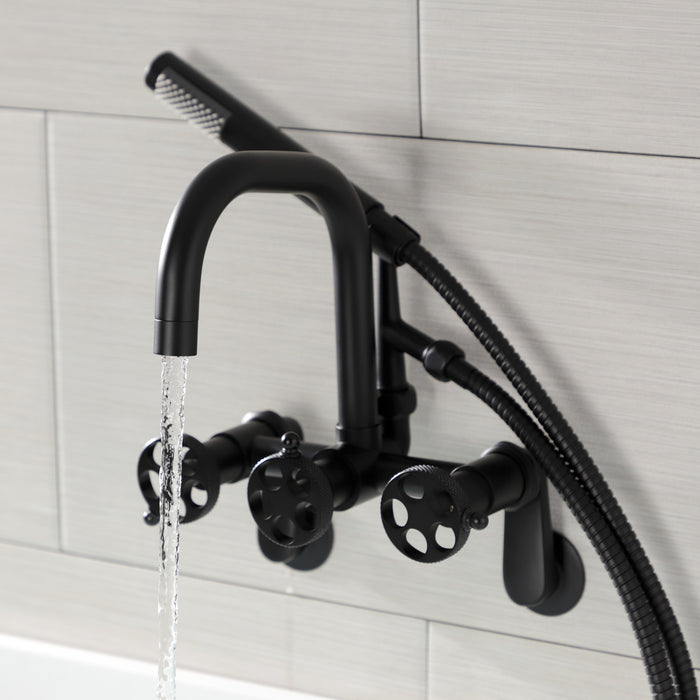 Kingston Sona AE8450RKX - Webb Three-Handle 2-Hole Adjustable Wall Mount Clawfoot Tub Faucet with Knurled Handle and Hand Shower, Matte Black