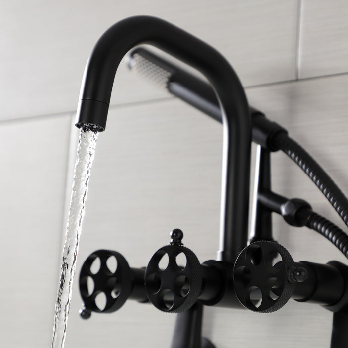 Kingston Sona AE8450RKX - Webb Three-Handle 2-Hole Adjustable Wall Mount Clawfoot Tub Faucet with Knurled Handle and Hand Shower, Matte Black