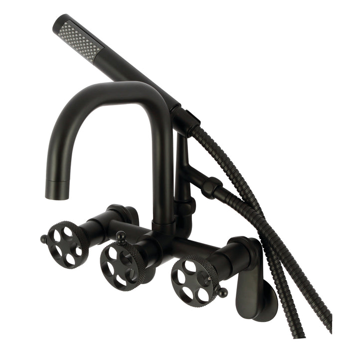 Kingston Sona AE8450RKX - Webb Three-Handle 2-Hole Adjustable Wall Mount Clawfoot Tub Faucet with Knurled Handle and Hand Shower, Matte Black