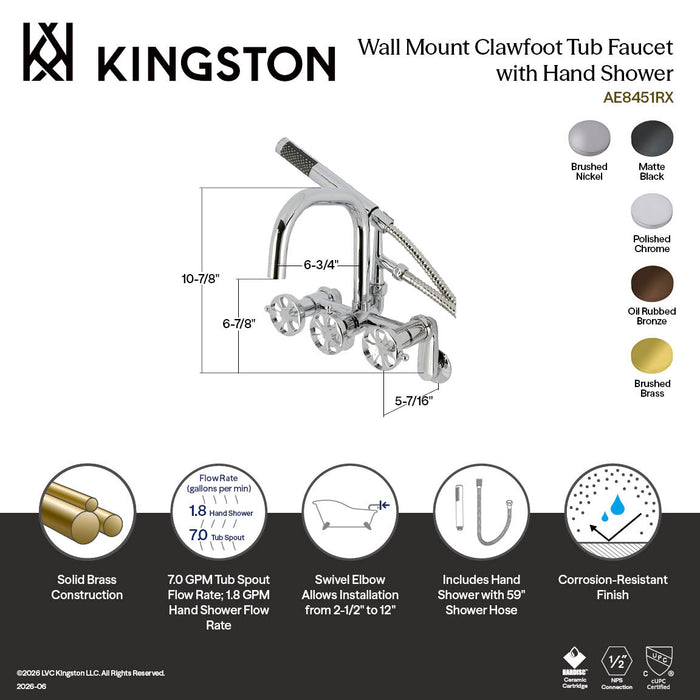 Kingston Sona AE8450RX - Belknap Three-Handle 2-Hole Wall Mount Clawfoot Tub Faucet with Hand Shower, Matte Black