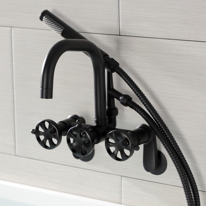Kingston Sona AE8450RX - Belknap Three-Handle 2-Hole Wall Mount Clawfoot Tub Faucet with Hand Shower, Matte Black