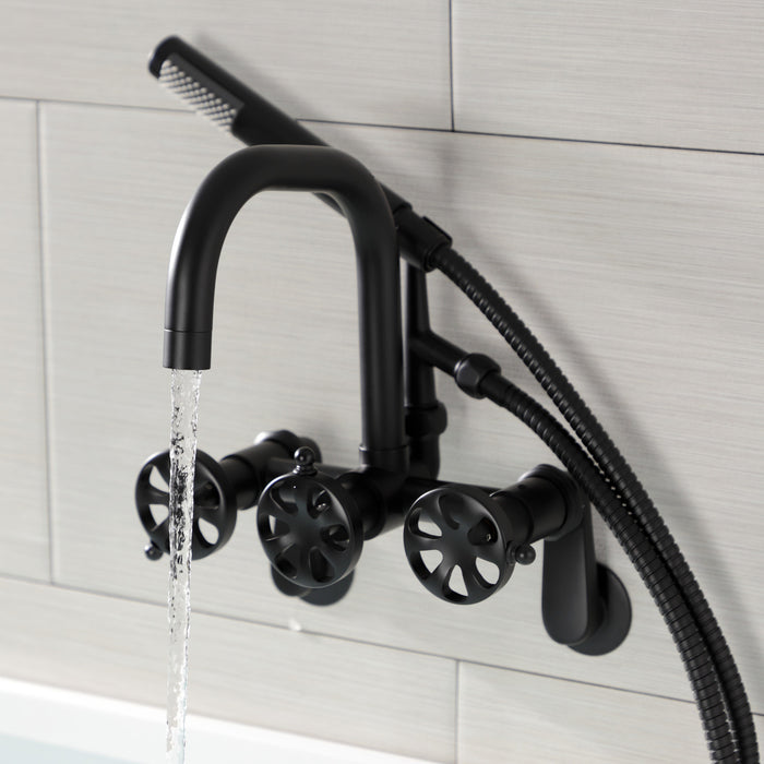 Kingston Sona AE8450RX - Belknap Three-Handle 2-Hole Wall Mount Clawfoot Tub Faucet with Hand Shower, Matte Black