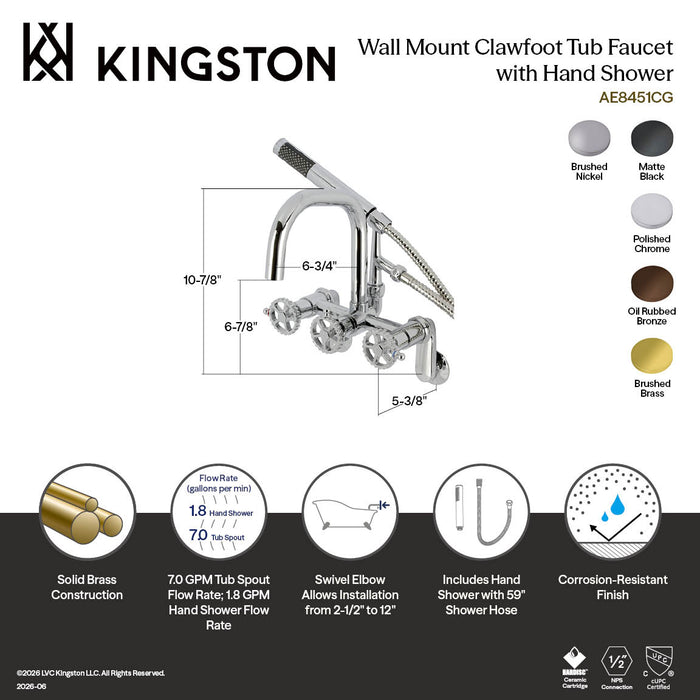 Kingston Sona AE8451CG - Fuller Three-Handle 2-Hole Wall Mount Clawfoot Tub Faucet with Hand Shower, Polished Chrome