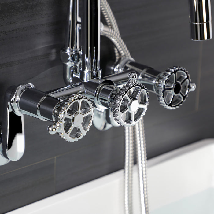 Kingston Sona AE8451CG - Fuller Three-Handle 2-Hole Wall Mount Clawfoot Tub Faucet with Hand Shower, Polished Chrome