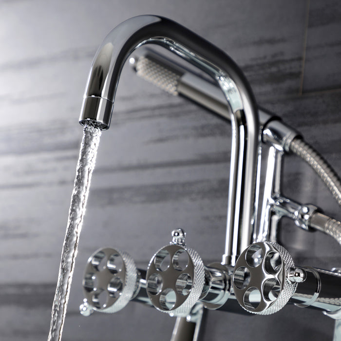 Kingston Sona AE8451RKX - Webb Three-Handle 2-Hole Adjustable Wall Mount Clawfoot Tub Faucet with Knurled Handle and Hand Shower, Polished Chrome