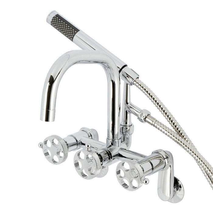 Kingston Sona AE8451RKX - Webb Three-Handle 2-Hole Adjustable Wall Mount Clawfoot Tub Faucet with Knurled Handle and Hand Shower, Polished Chrome