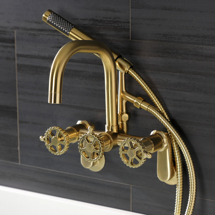 Kingston Sona AE8457CG - Fuller Three-Handle 2-Hole Wall Mount Clawfoot Tub Faucet with Hand Shower, Brushed Brass