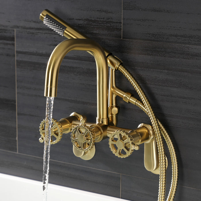 Kingston Sona AE8457CG - Fuller Three-Handle 2-Hole Wall Mount Clawfoot Tub Faucet with Hand Shower, Brushed Brass