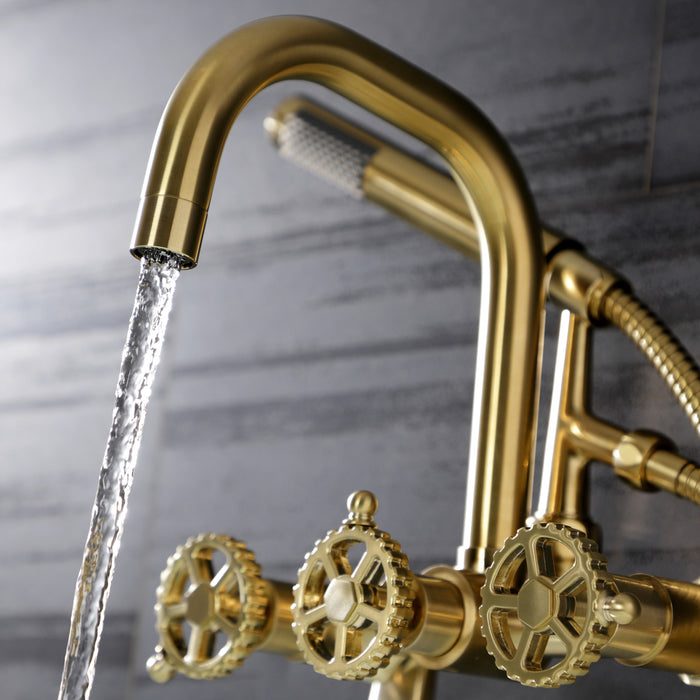 Kingston Sona AE8457CG - Fuller Three-Handle 2-Hole Wall Mount Clawfoot Tub Faucet with Hand Shower, Brushed Brass