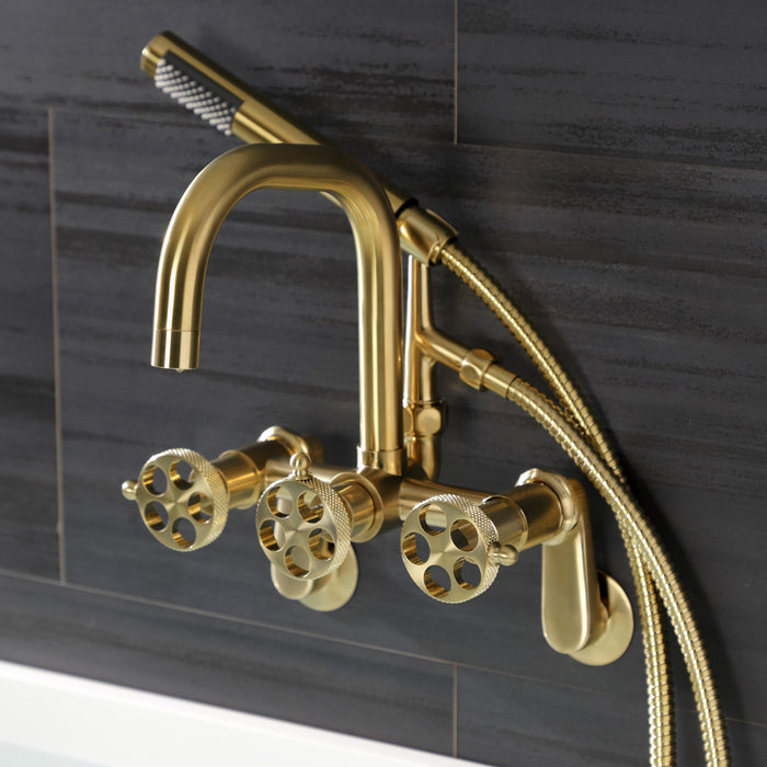 Kingston Sona AE8457RKX - Webb Three-Handle 2-Hole Adjustable Wall Mount Clawfoot Tub Faucet with Knurled Handle and Hand Shower, Brushed Brass