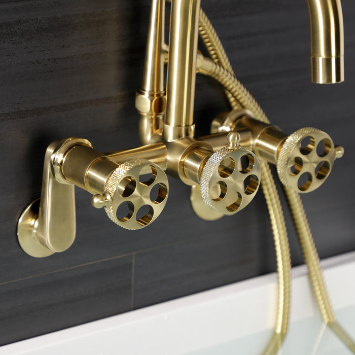 Kingston Sona AE8457RKX - Webb Three-Handle 2-Hole Adjustable Wall Mount Clawfoot Tub Faucet with Knurled Handle and Hand Shower, Brushed Brass