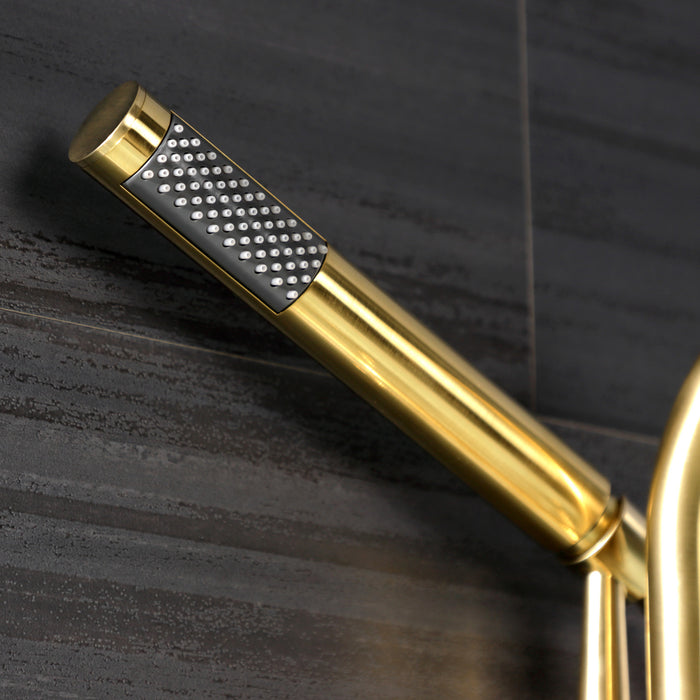 Kingston Sona AE8457RKX - Webb Three-Handle 2-Hole Adjustable Wall Mount Clawfoot Tub Faucet with Knurled Handle and Hand Shower, Brushed Brass