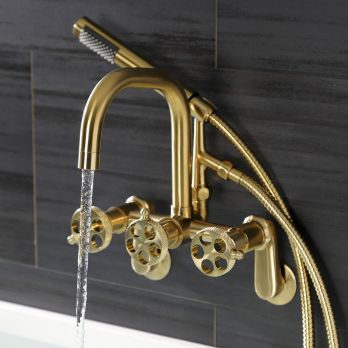 Kingston Sona AE8457RKX - Webb Three-Handle 2-Hole Adjustable Wall Mount Clawfoot Tub Faucet with Knurled Handle and Hand Shower, Brushed Brass