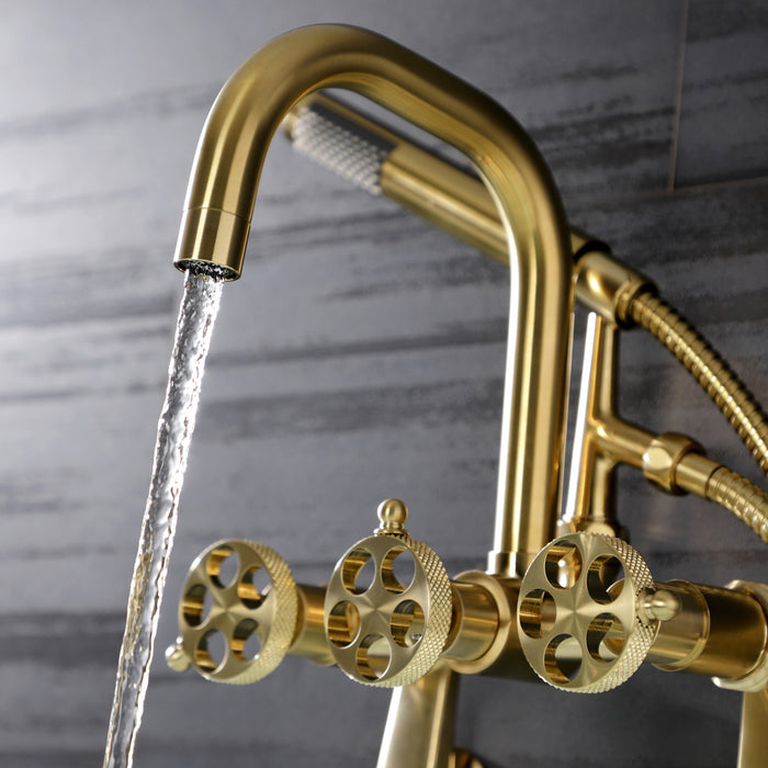 Kingston Sona AE8457RKX - Webb Three-Handle 2-Hole Adjustable Wall Mount Clawfoot Tub Faucet with Knurled Handle and Hand Shower, Brushed Brass