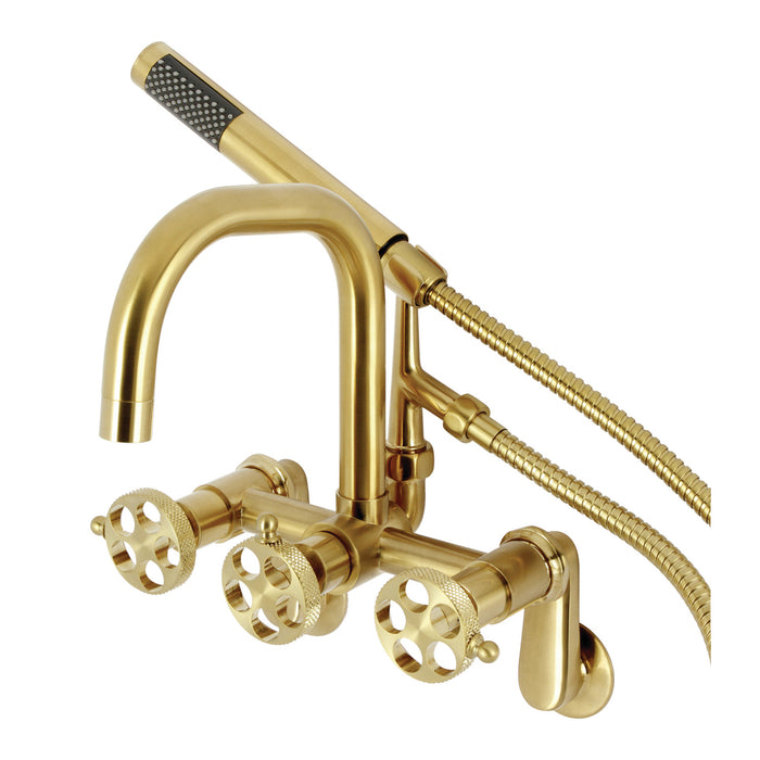 Kingston Sona AE8457RKX - Webb Three-Handle 2-Hole Adjustable Wall Mount Clawfoot Tub Faucet with Knurled Handle and Hand Shower, Brushed Brass