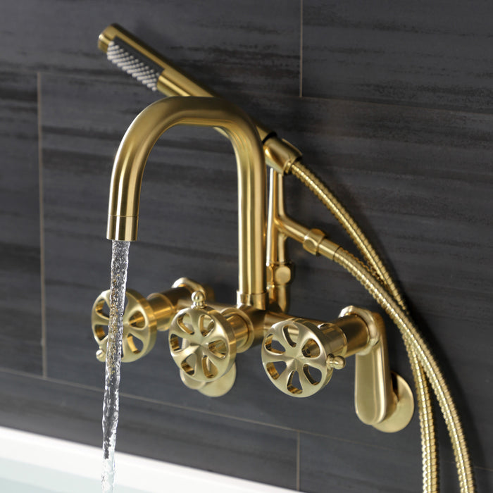 Kingston Sona AE8457RX - Belknap Three-Handle 2-Hole Wall Mount Clawfoot Tub Faucet with Hand Shower, Brushed Brass