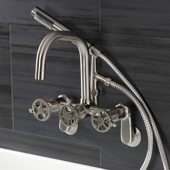 Kingston Sona AE8458CG - Fuller Three-Handle 2-Hole Wall Mount Clawfoot Tub Faucet with Hand Shower, Brushed Nickel