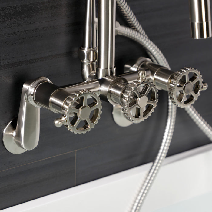 Kingston Sona AE8458CG - Fuller Three-Handle 2-Hole Wall Mount Clawfoot Tub Faucet with Hand Shower, Brushed Nickel