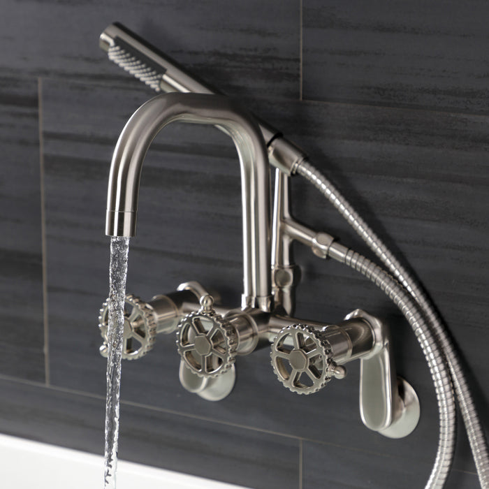 Kingston Sona AE8458CG - Fuller Three-Handle 2-Hole Wall Mount Clawfoot Tub Faucet with Hand Shower, Brushed Nickel