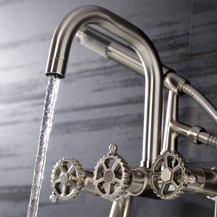 Kingston Sona AE8458CG - Fuller Three-Handle 2-Hole Wall Mount Clawfoot Tub Faucet with Hand Shower, Brushed Nickel