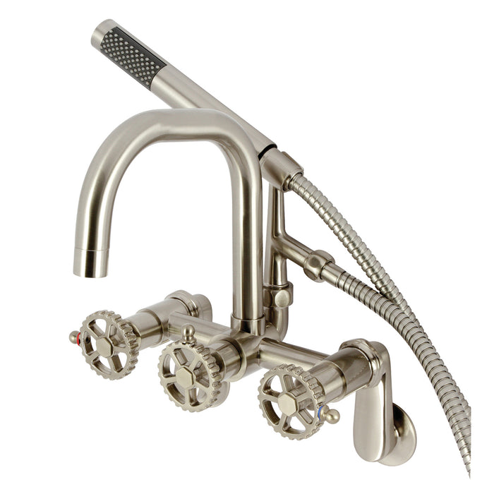 Kingston Sona AE8458CG - Fuller Three-Handle 2-Hole Wall Mount Clawfoot Tub Faucet with Hand Shower, Brushed Nickel