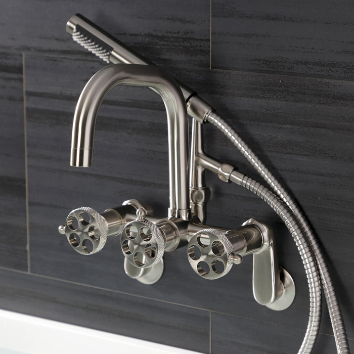 Kingston Sona AE8458RKX - Webb Three-Handle 2-Hole Adjustable Wall Mount Clawfoot Tub Faucet with Knurled Handle and Hand Shower, Brushed Nickel