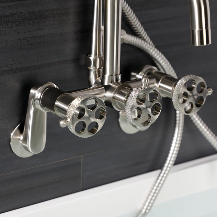 Kingston Sona AE8458RKX - Webb Three-Handle 2-Hole Adjustable Wall Mount Clawfoot Tub Faucet with Knurled Handle and Hand Shower, Brushed Nickel