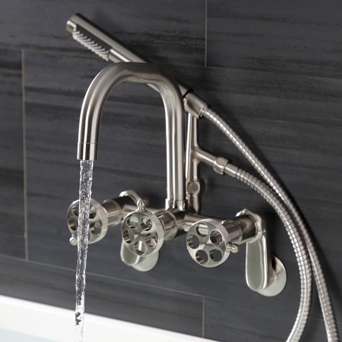 Kingston Sona AE8458RKX - Webb Three-Handle 2-Hole Adjustable Wall Mount Clawfoot Tub Faucet with Knurled Handle and Hand Shower, Brushed Nickel