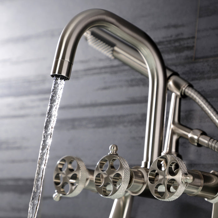 Kingston Sona AE8458RKX - Webb Three-Handle 2-Hole Adjustable Wall Mount Clawfoot Tub Faucet with Knurled Handle and Hand Shower, Brushed Nickel