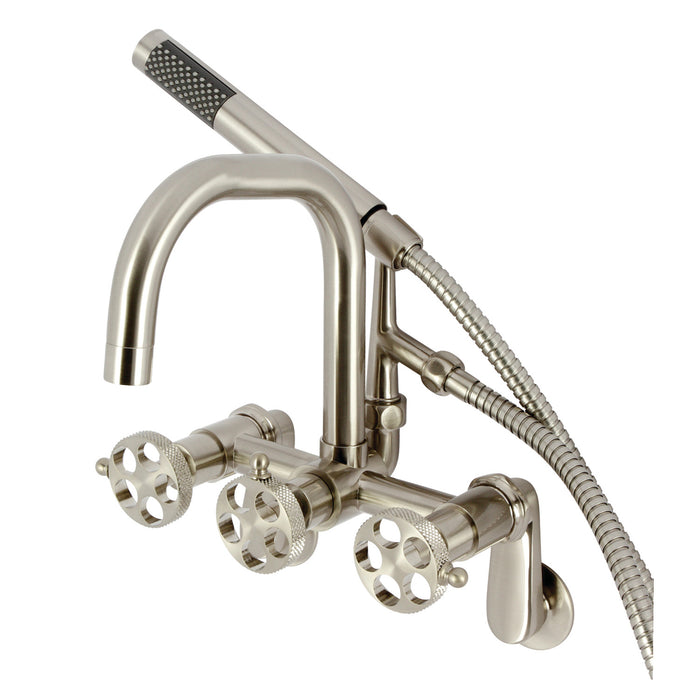 Kingston Sona AE8458RKX - Webb Three-Handle 2-Hole Adjustable Wall Mount Clawfoot Tub Faucet with Knurled Handle and Hand Shower, Brushed Nickel